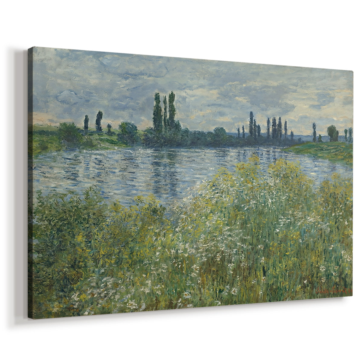 Canvas art print featuring an impressionist view of Seine with reflections and greenery, displayed at an angle
