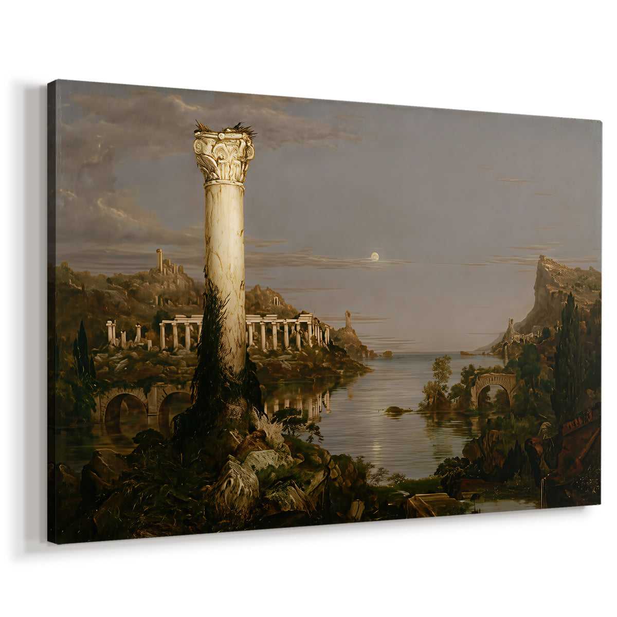 Canvas art print featuring an abandoned landscape with remnants of once-grand architecture, displayed at an angle