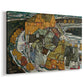 Canvas art print featuring a stylized townscape with clustered buildings and bold outlines, displayed at an angle