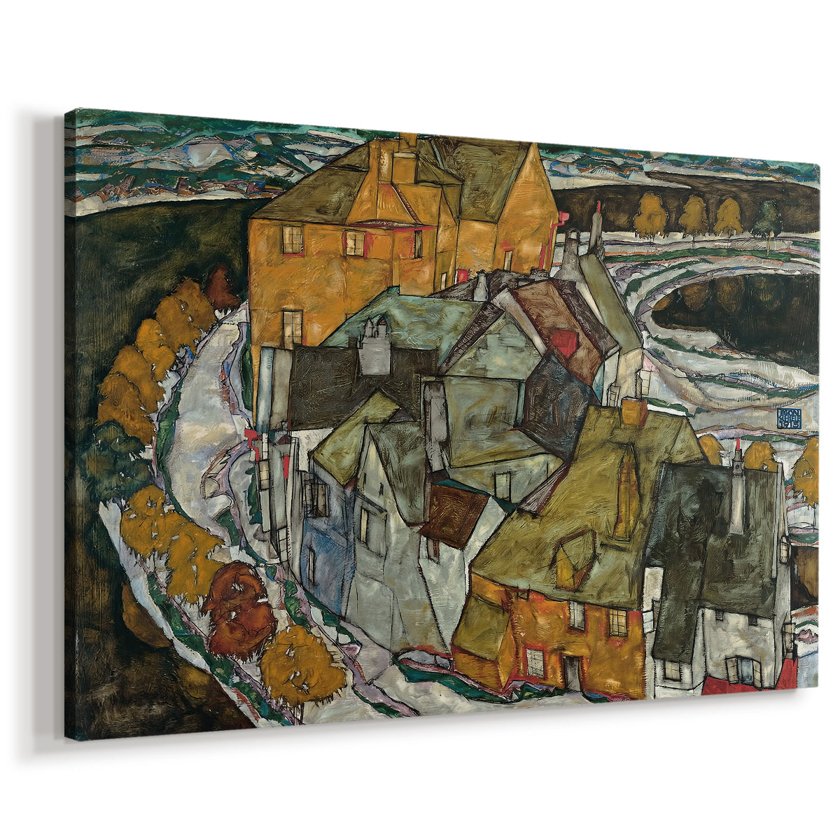 Canvas art print featuring a stylized townscape with clustered buildings and bold outlines, displayed at an angle