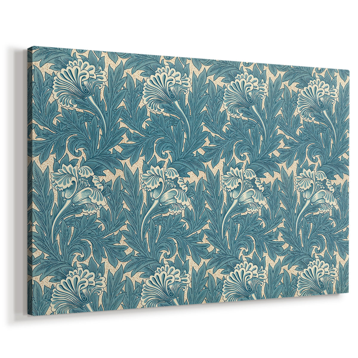 Canvas art print featuring a decorative textile design with stylized flowers and leaves, displayed at an angle