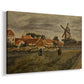 Canvas art print featuring an agricultural setting with figures engaged in harvest activity, displayed at an angle