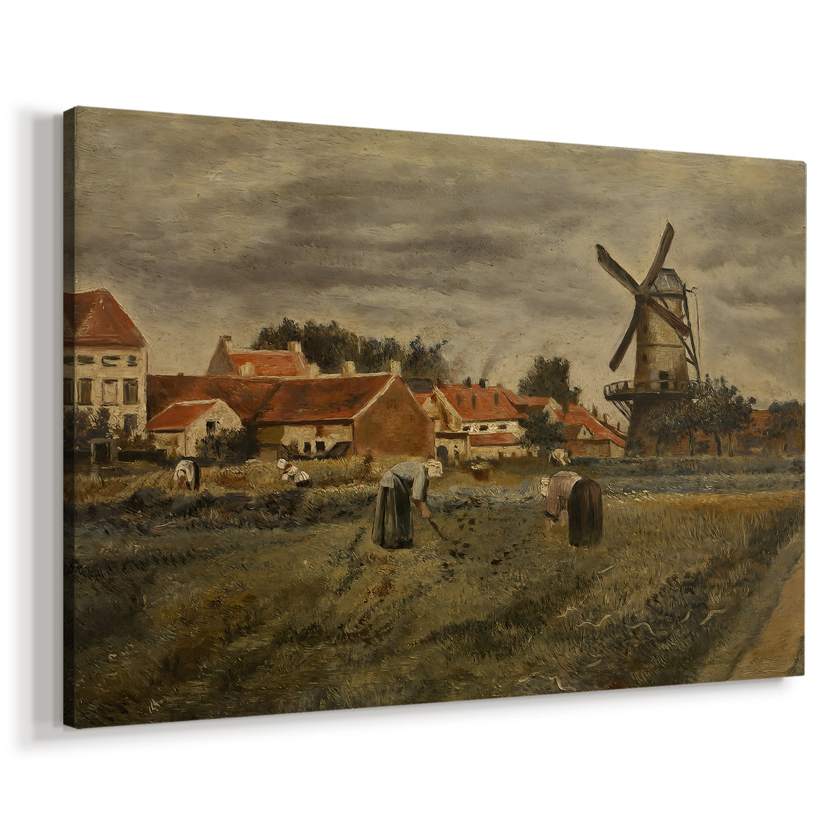 Canvas art print featuring an agricultural setting with figures engaged in harvest activity, displayed at an angle