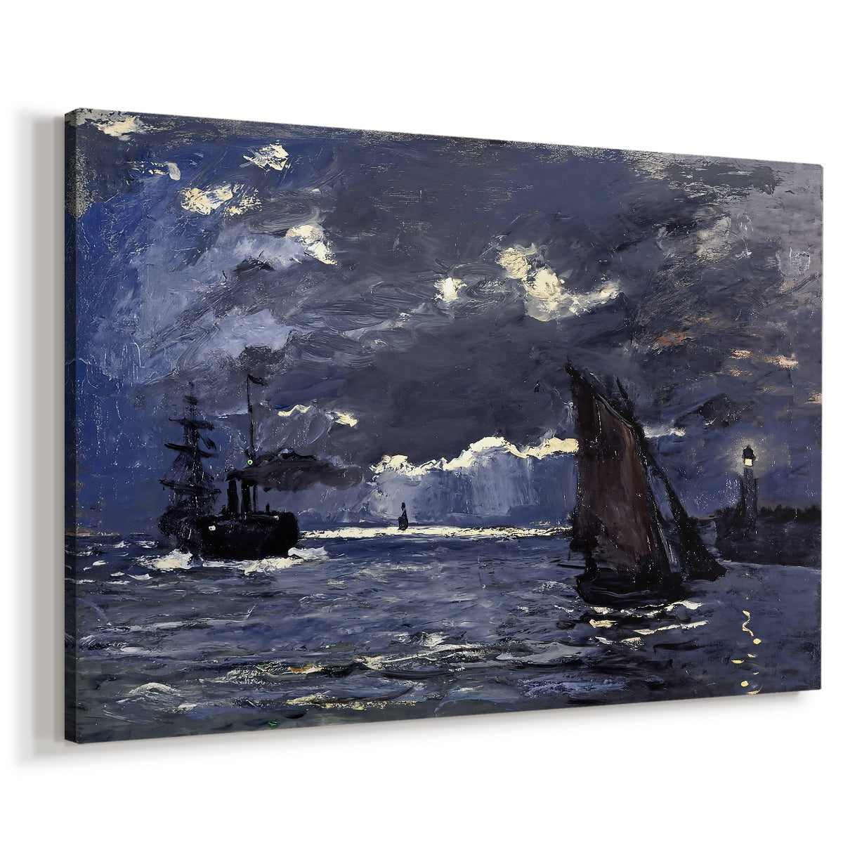 Canvas art print featuring a nocturnal seascape with boats silhouetted against glowing moon, displayed at an angle