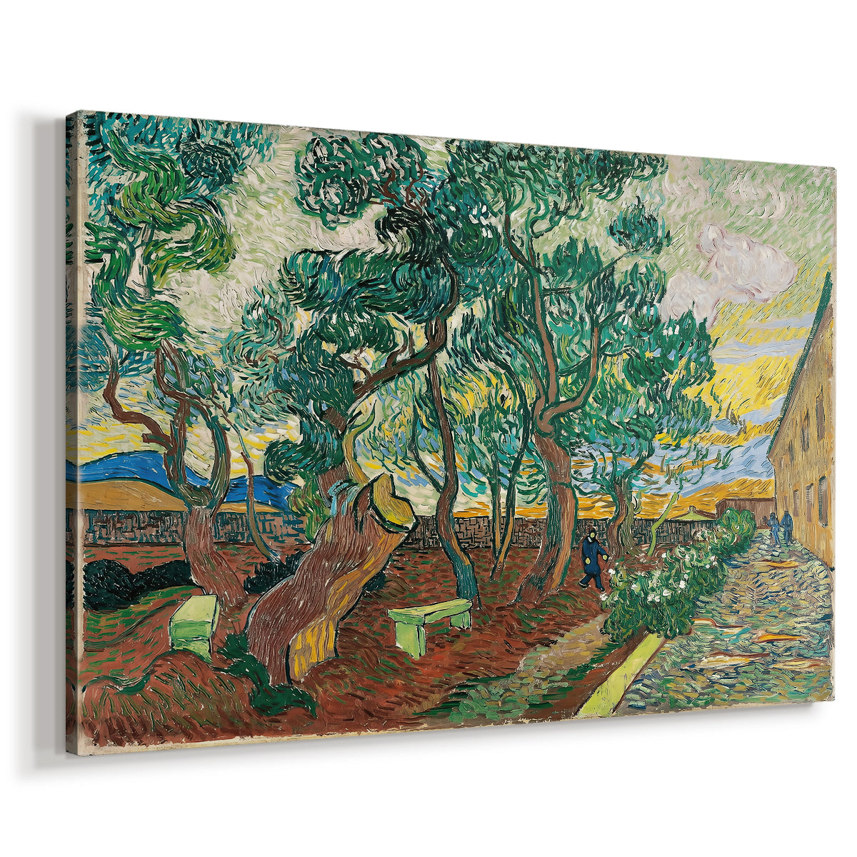 Canvas art print featuring an expressive landscape with structured garden elements, displayed at an angle