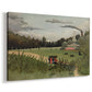 Canvas art print featuring a naïve depiction of factory scene with people and structures, displayed at an angle