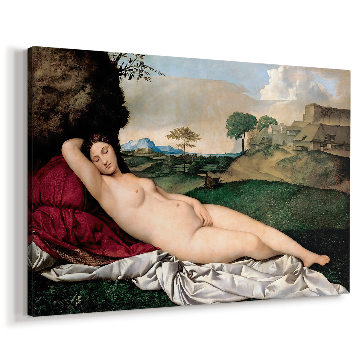 Canvas art print featuring a Renaissance depiction of Venus lying nude in peaceful countryside, displayed at an angle