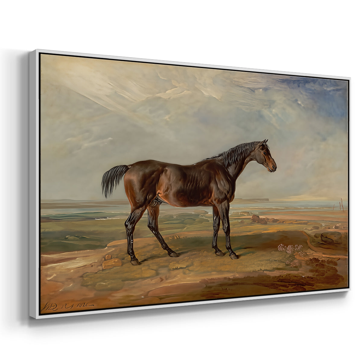 Dr. Syntax, a Bay Racehorse, Standing in a Coastal Landscape, an Estuary Beyond, c. 1820 - Floater Framed Canvas Print