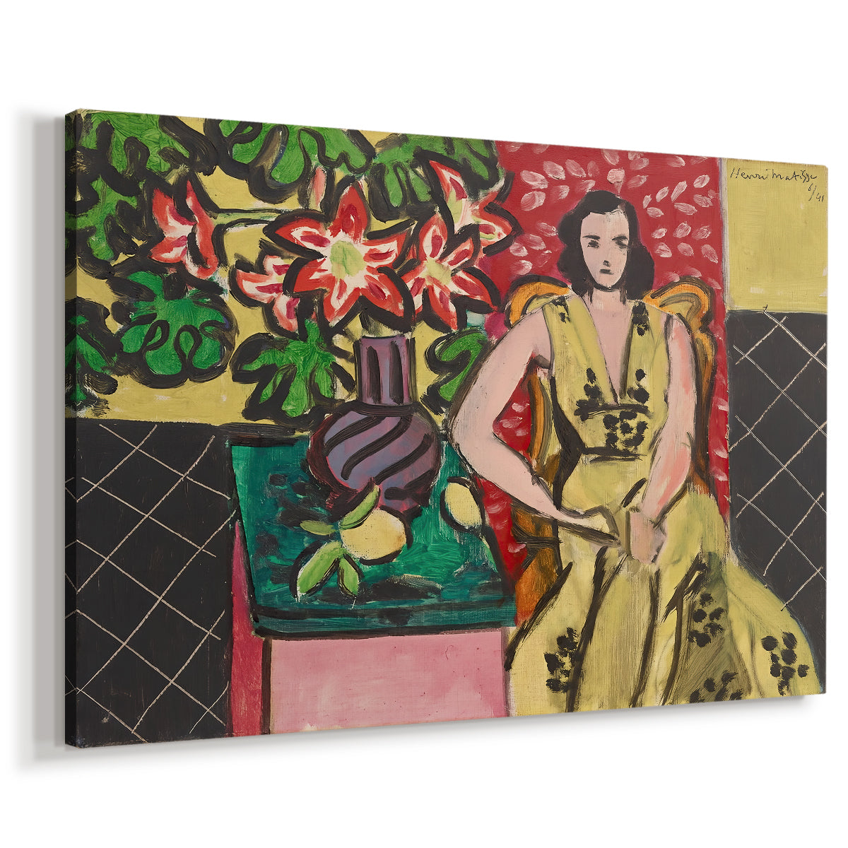 Canvas art print featuring an expressive portrait combining figure and floral still life, displayed at an angle