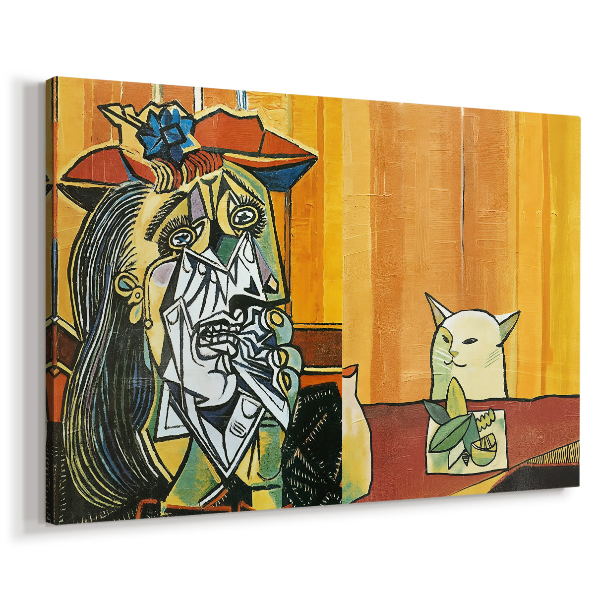 Canvas art print featuring a modern parody with human and animal, displayed at an angle
