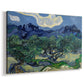 Canvas art print featuring a countryside scene with low trees and rocky hills beyond, displayed at an angle