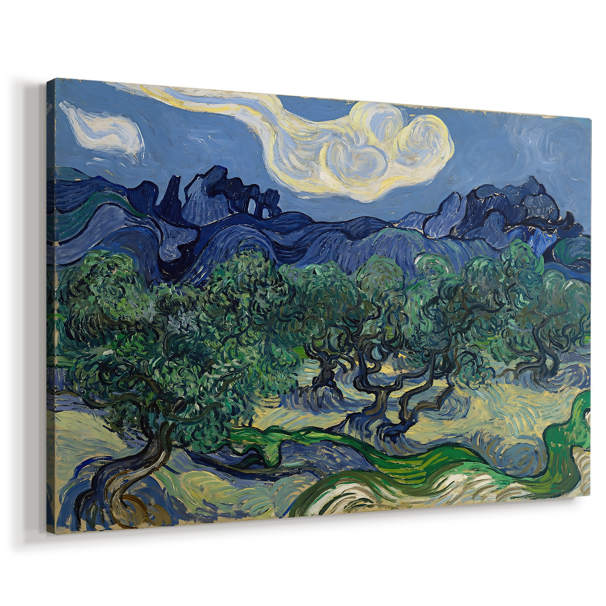 Canvas art print featuring a countryside scene with low trees and rocky hills beyond, displayed at an angle