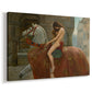 Canvas art print featuring a narrative scene with woman on horseback, displayed at an angle