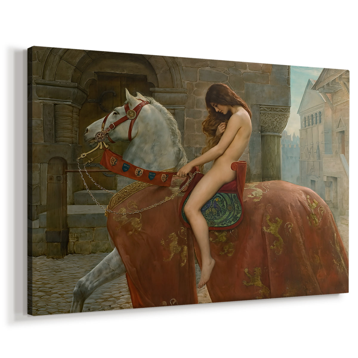 Canvas art print featuring a narrative scene with woman on horseback, displayed at an angle