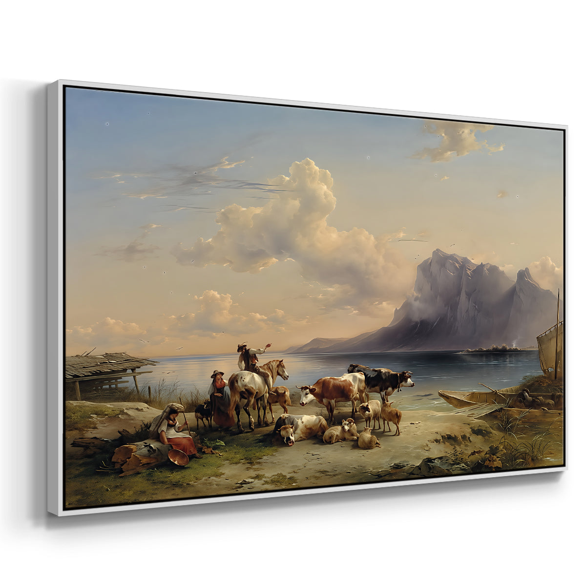 Shepherds and Cattle on Lake Attersee, 1852 - Floater Framed Canvas Print