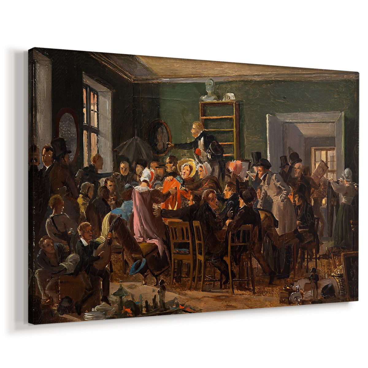 Canvas art print featuring a group scene showing figures bidding and interacting indoors, displayed at an angle