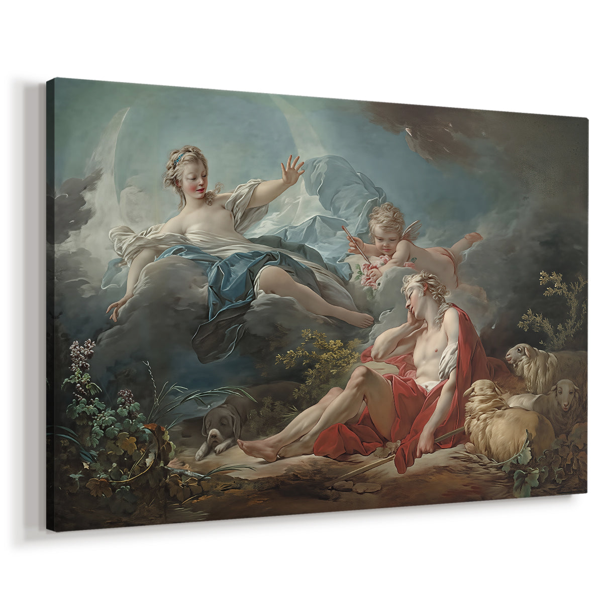 Canvas art print featuring a romantic scene with figures in soft outdoor setting, displayed at an angle