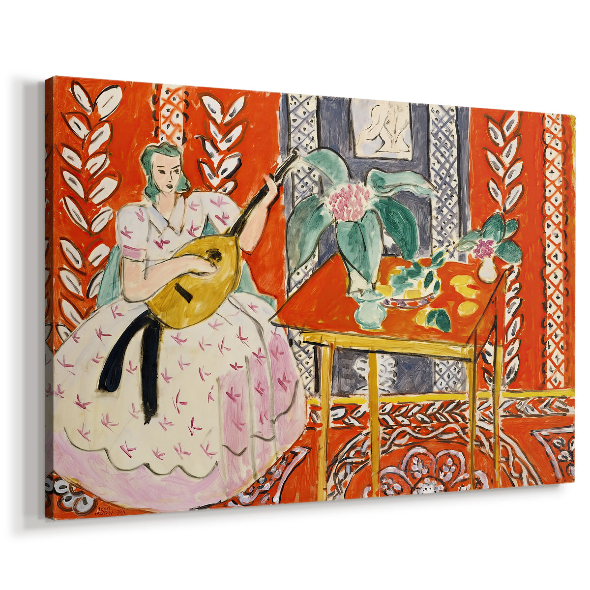 Canvas art print featuring a Fauvist composition combining musician and patterned surroundings, displayed at an angle