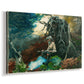 Canvas art print featuring a woodland scene with person resting beside small fire, displayed at an angle