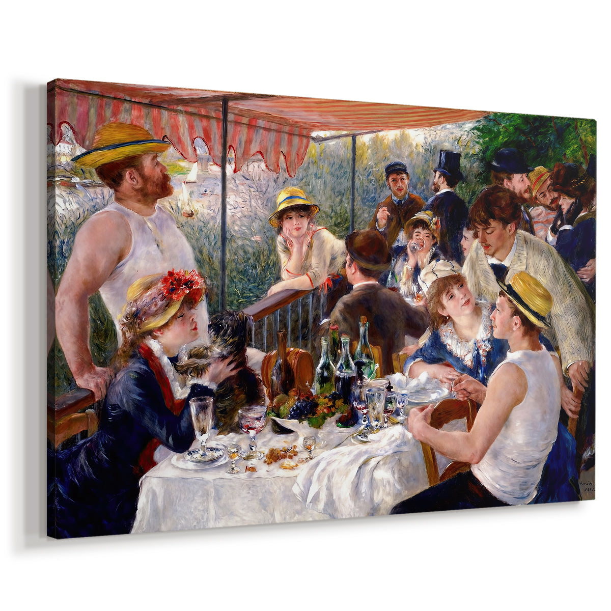 Canvas art print featuring a lively gathering of men and women eating and socializing at outdoor table, displayed at an angle