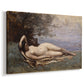 Canvas art print featuring a classical-inspired figure resting in coastal setting, displayed at an angle