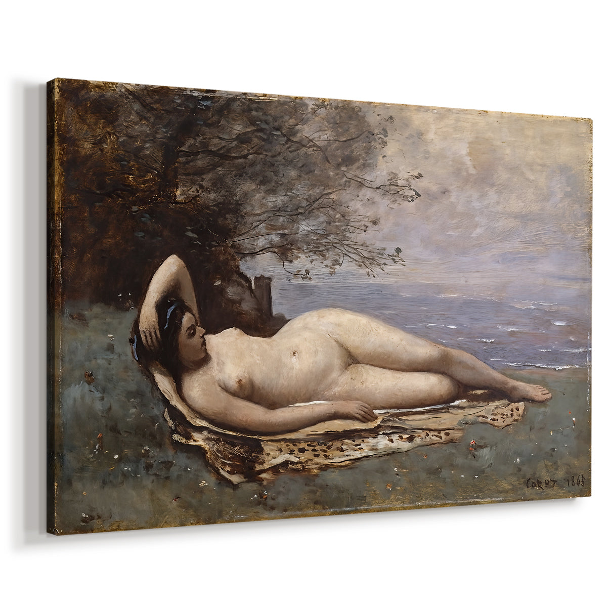 Canvas art print featuring a classical-inspired figure resting in coastal setting, displayed at an angle
