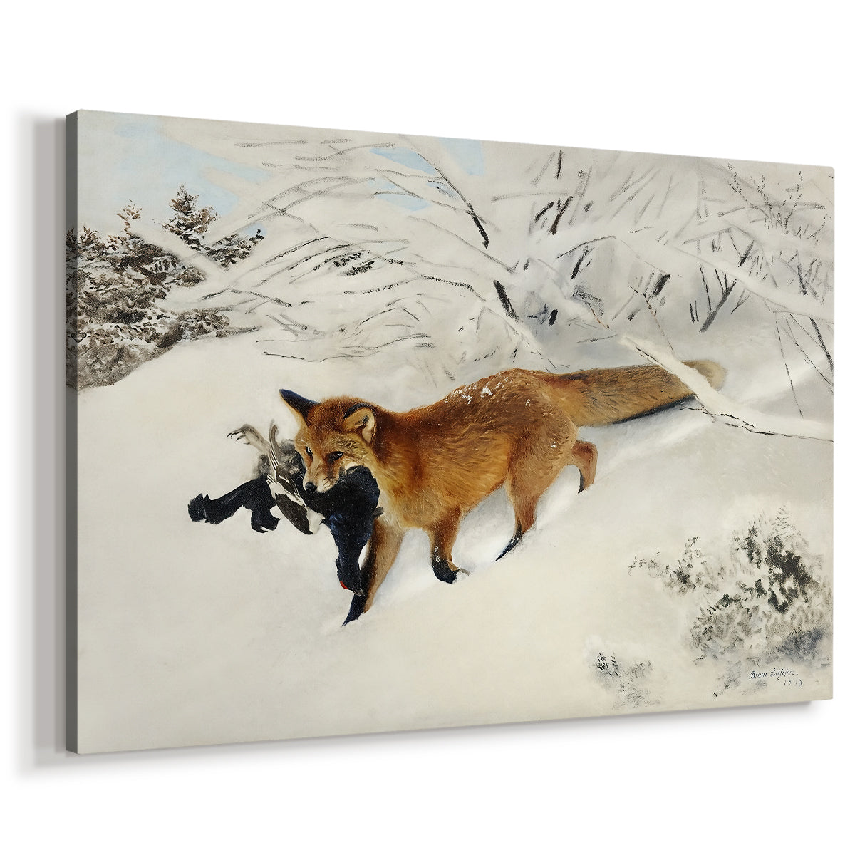 Canvas art print featuring a wildlife scene of fox moving swiftly through winter terrain, displayed at an angle