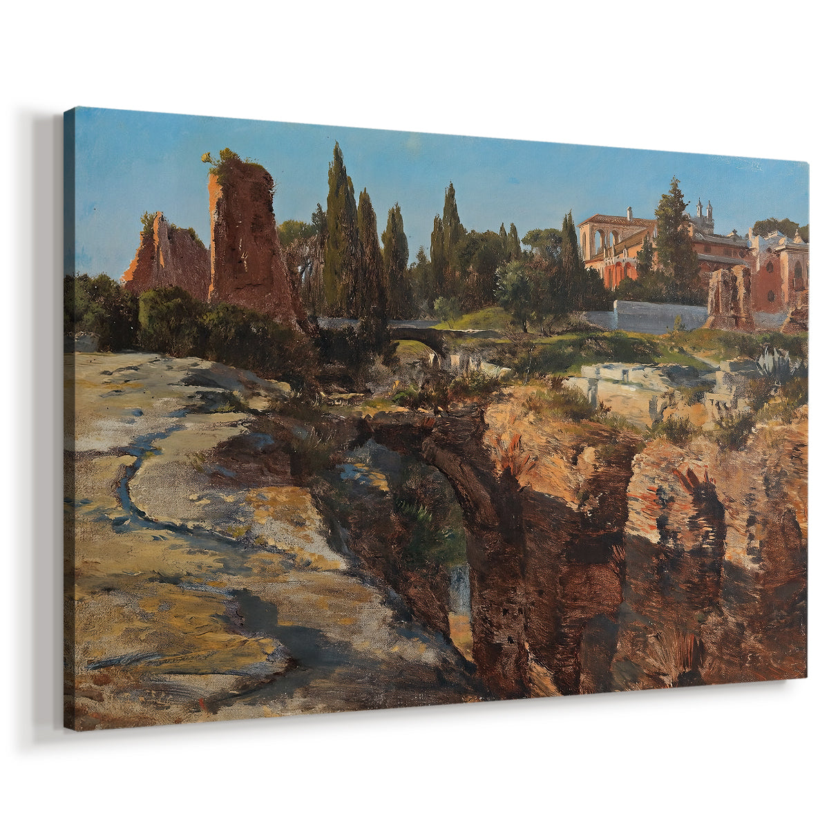 Canvas art print featuring an architectural scene of ancient structures in sunlit environment, displayed at an angle