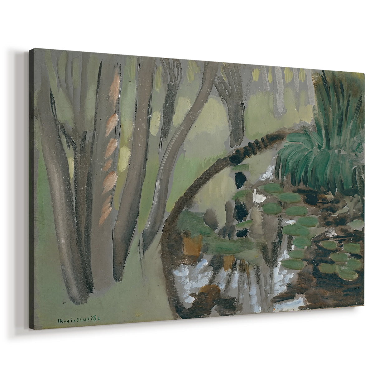Canvas art print featuring a tranquil landscape of water in wooded terrain, displayed at an angle