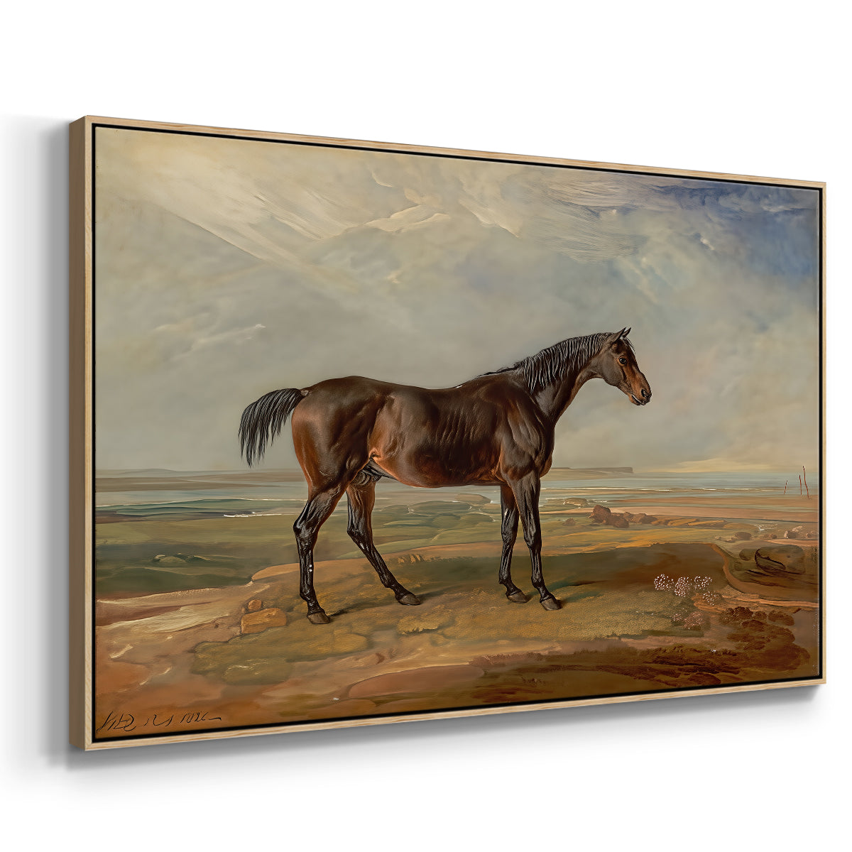 Dr. Syntax, a Bay Racehorse, Standing in a Coastal Landscape, an Estuary Beyond, c. 1820 - Floater Framed Canvas Print