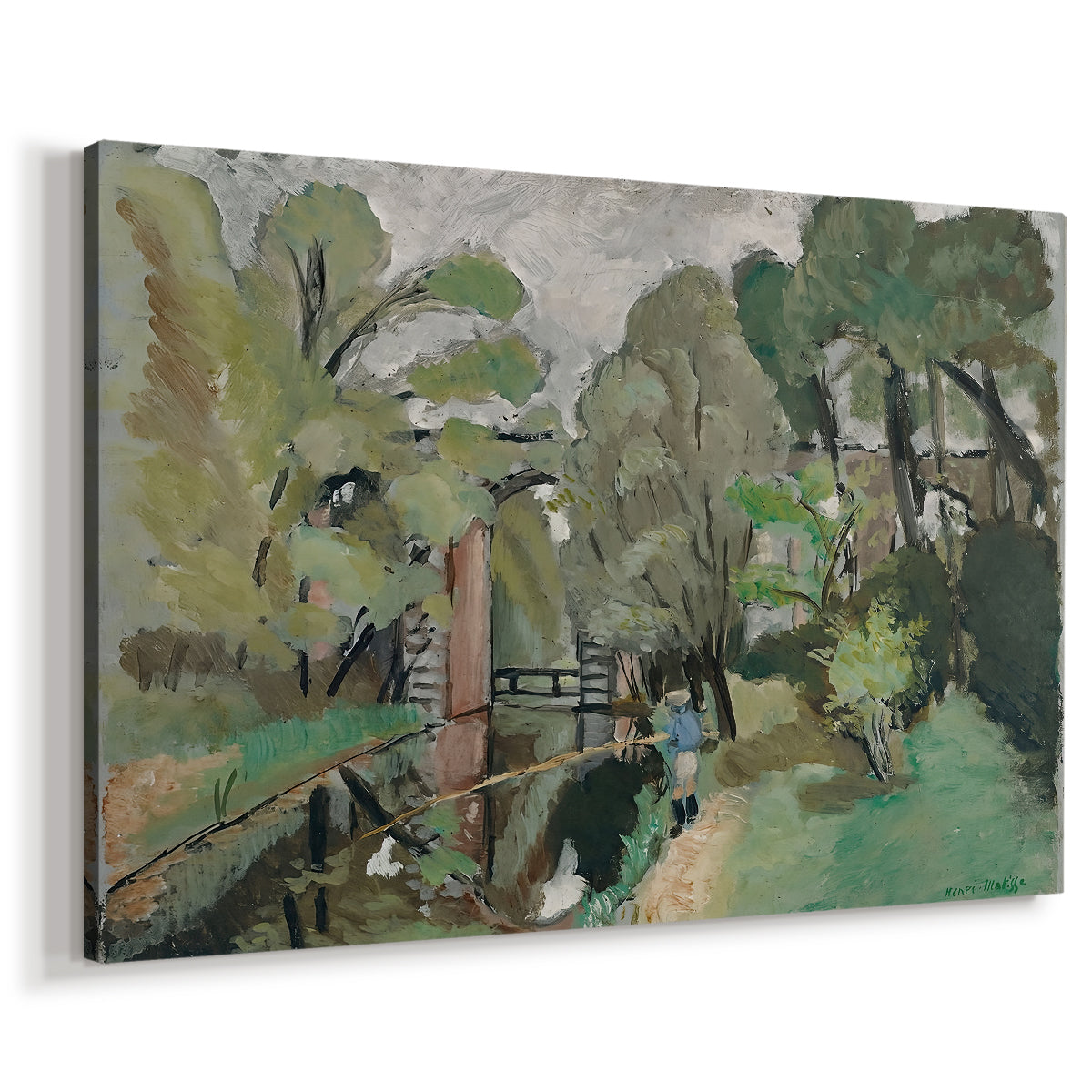 Canvas art print featuring an expressive countryside scene with a lone figure, displayed at an angle