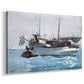Canvas art print featuring a maritime activity scene with figures handling cargo at sea, displayed at an angle