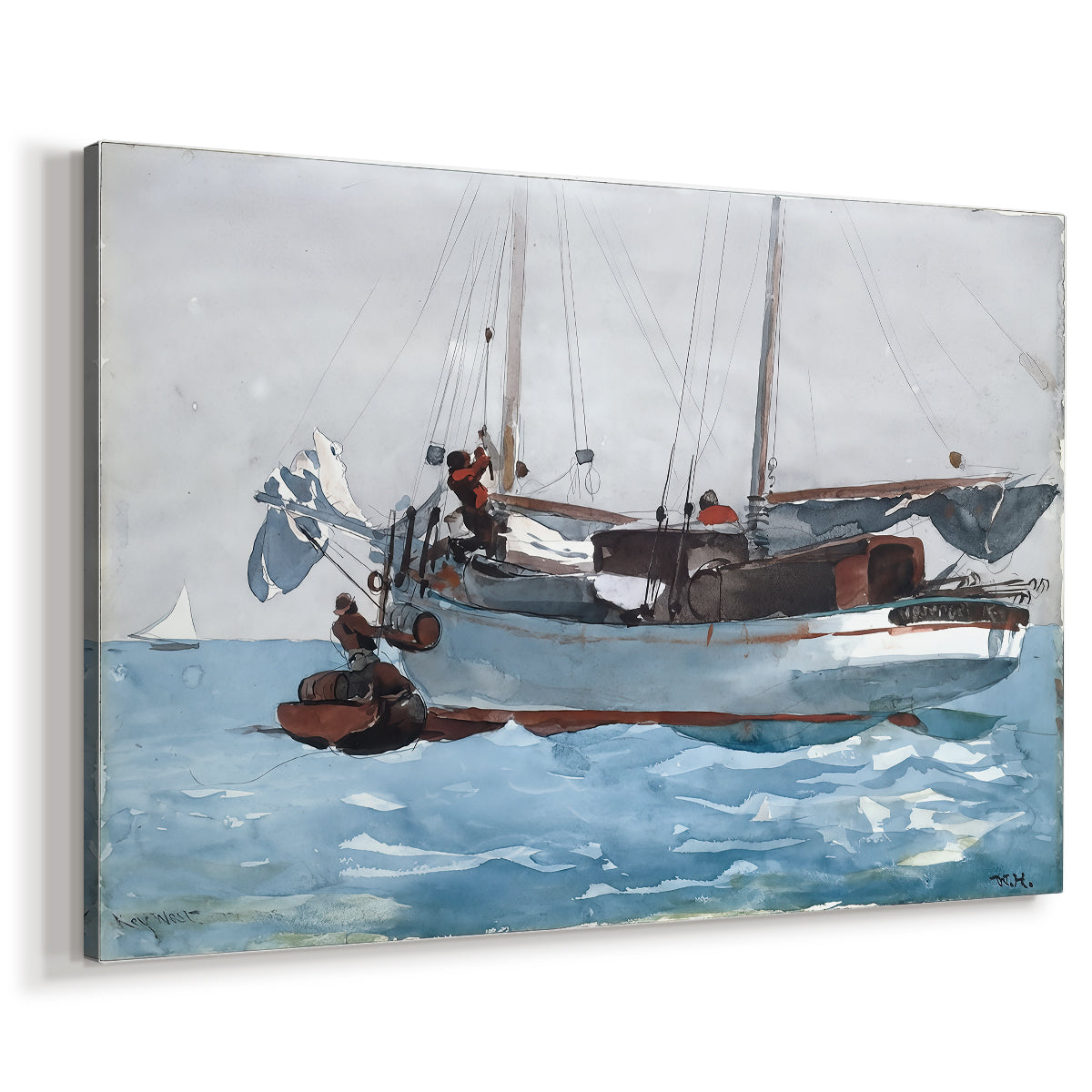 Canvas art print featuring a maritime activity scene with figures handling cargo at sea, displayed at an angle