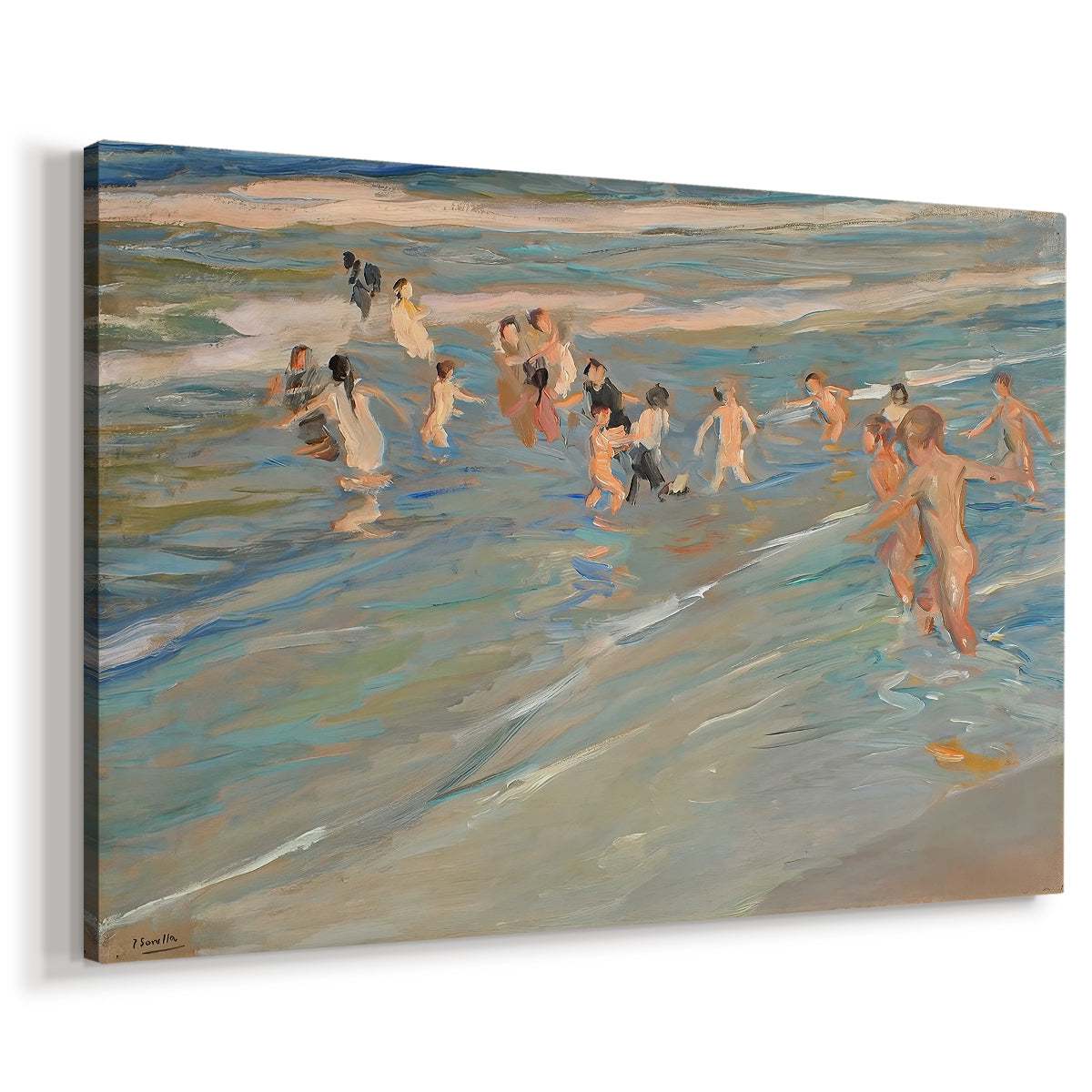 Canvas art print featuring a lively beach scene with kids running near water, displayed at an angle