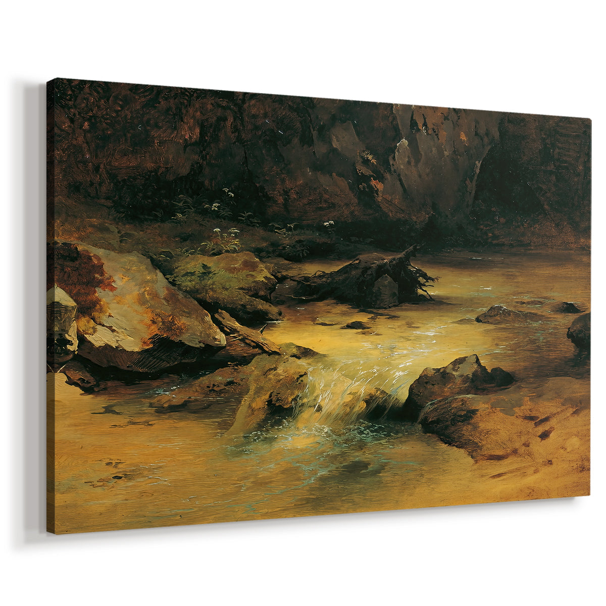 Canvas art print featuring an alpine water scene with rocks, displayed at an angle