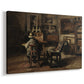 Canvas art print featuring a detailed room with scattered objects and work materials, displayed at an angle
