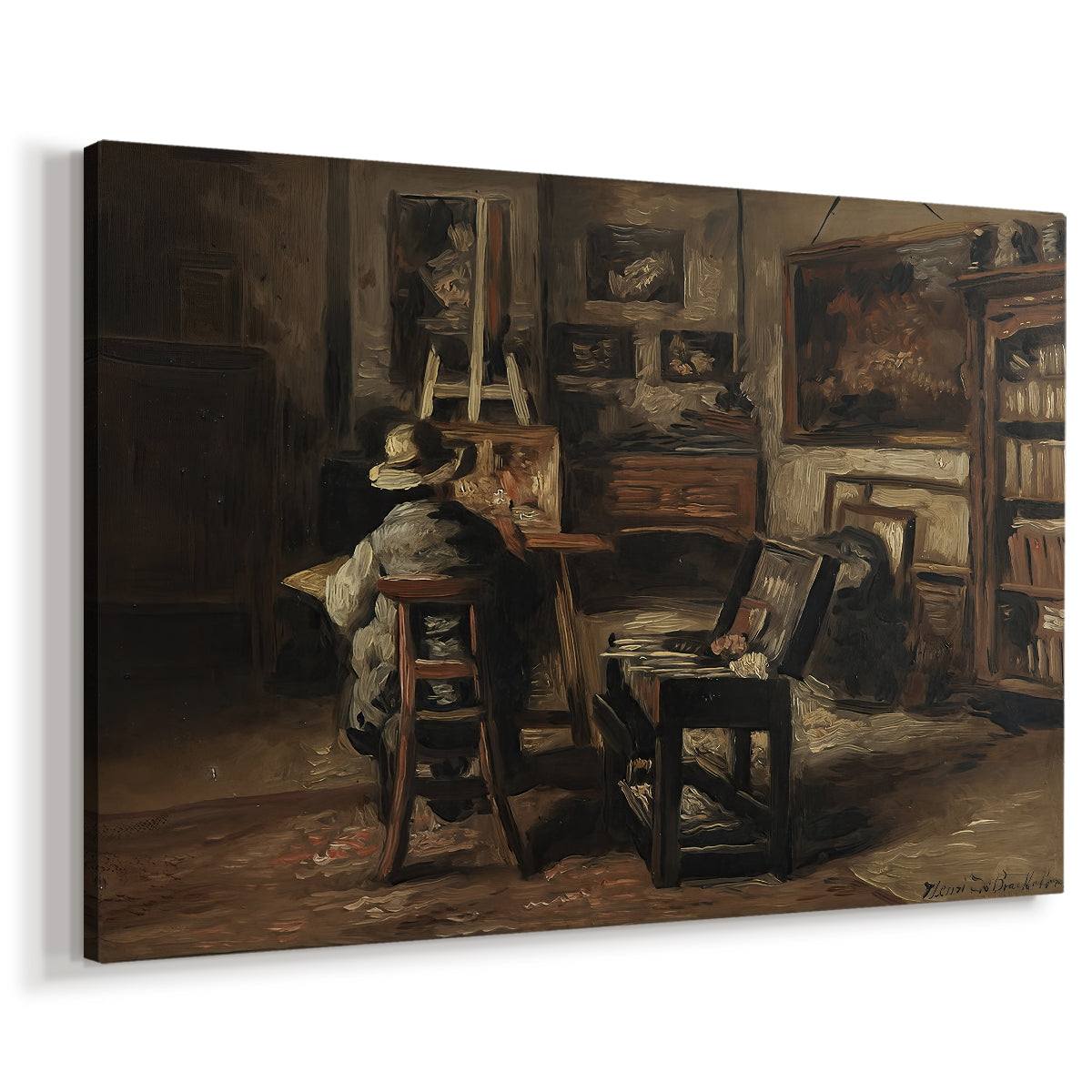 Canvas art print featuring a detailed room with scattered objects and work materials, displayed at an angle