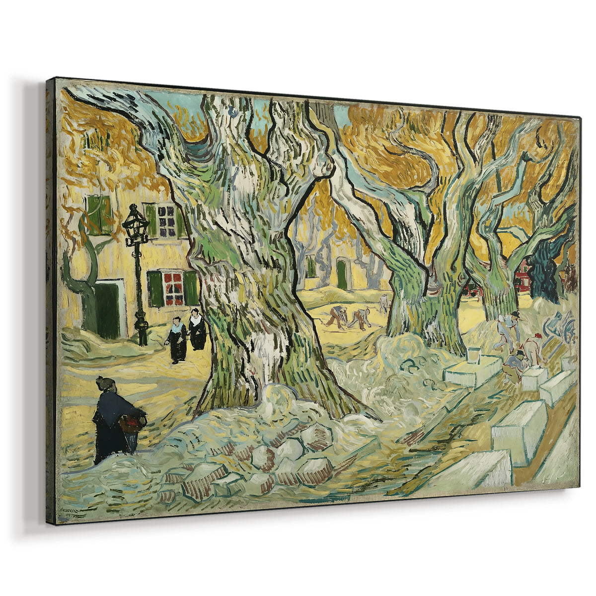 Canvas art print featuring an outdoor scene with figures working beneath spreading tree canopy, displayed at an angle