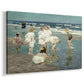 Canvas art print featuring a beach scene with figures bathing and standing in waves under bright sky, displayed at an angle