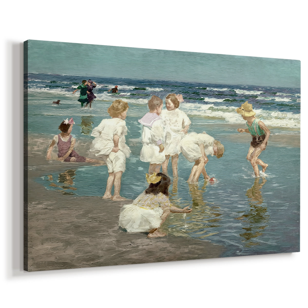 Canvas art print featuring a beach scene with figures bathing and standing in waves under bright sky, displayed at an angle