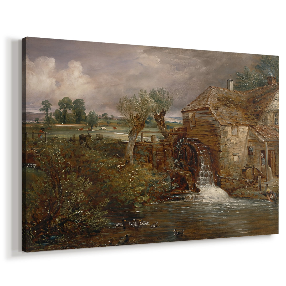 Canvas art print featuring a countryside scene with mill, displayed at an angle