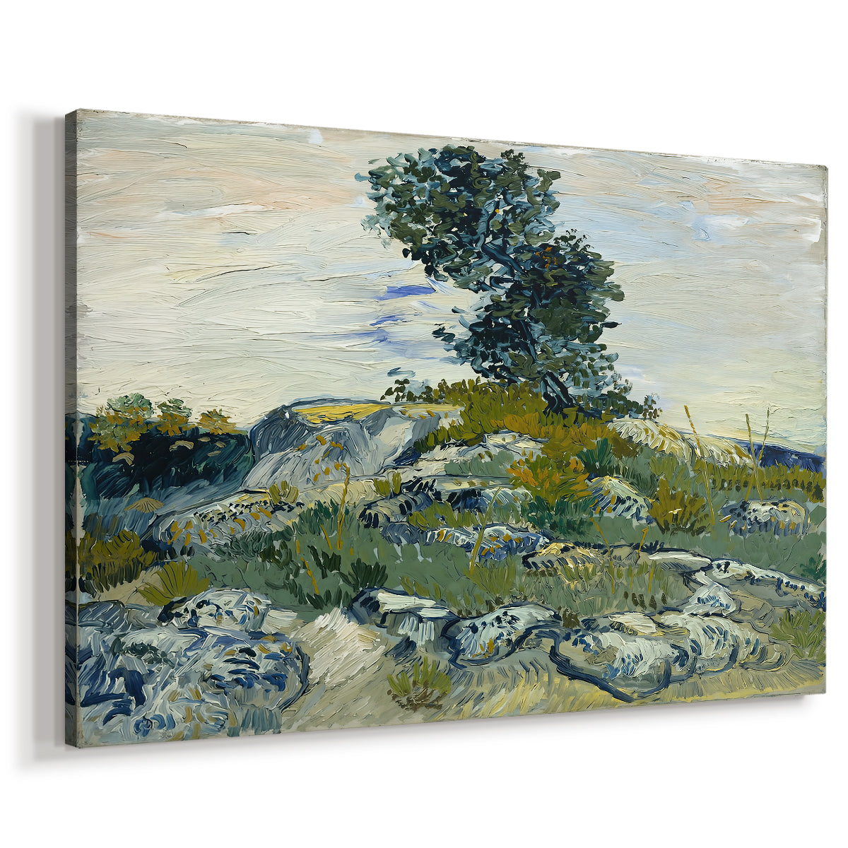 Canvas art print featuring an expressive landscape focusing on texture and earth tones, displayed at an angle