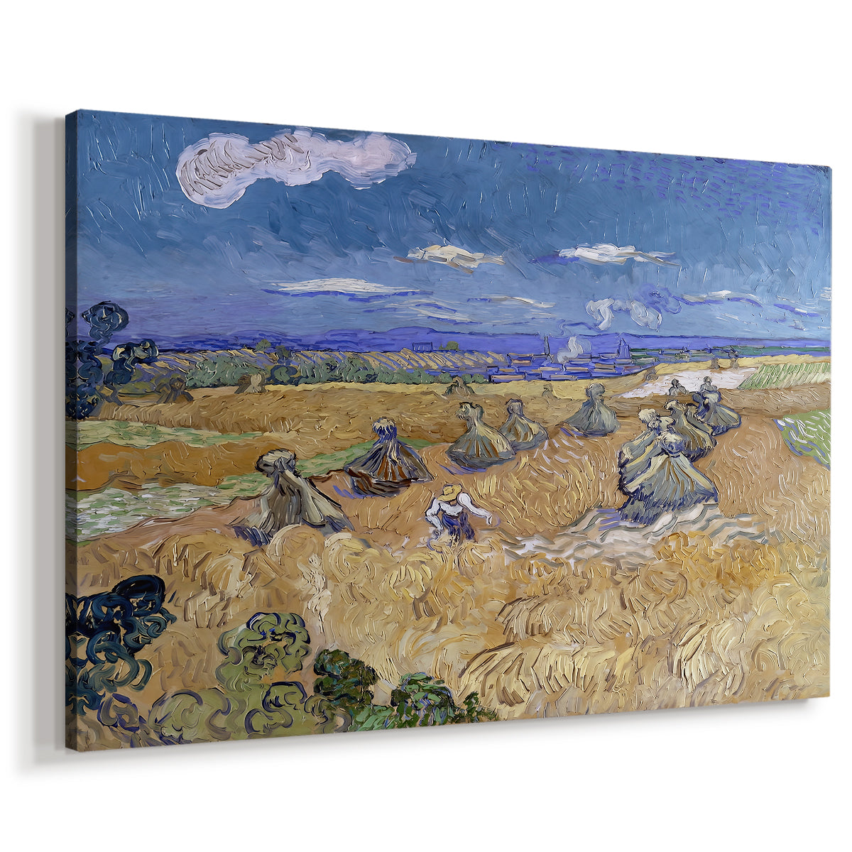 Canvas art print featuring a rural labor scene with reaper among crops, displayed at an angle
