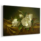 Canvas art print featuring a floral still life with pale flowers, displayed at an angle