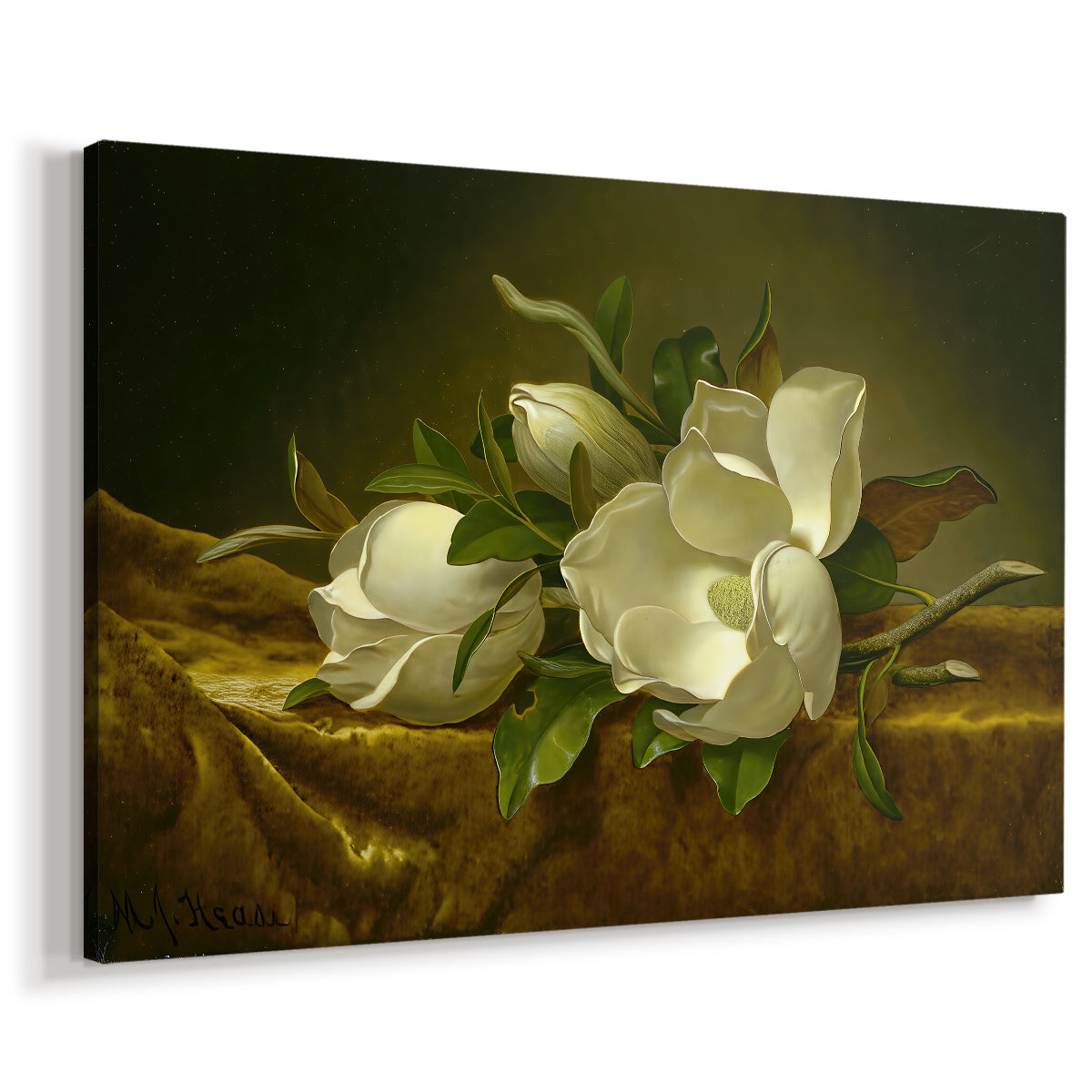 Canvas art print featuring a floral still life with pale flowers, displayed at an angle