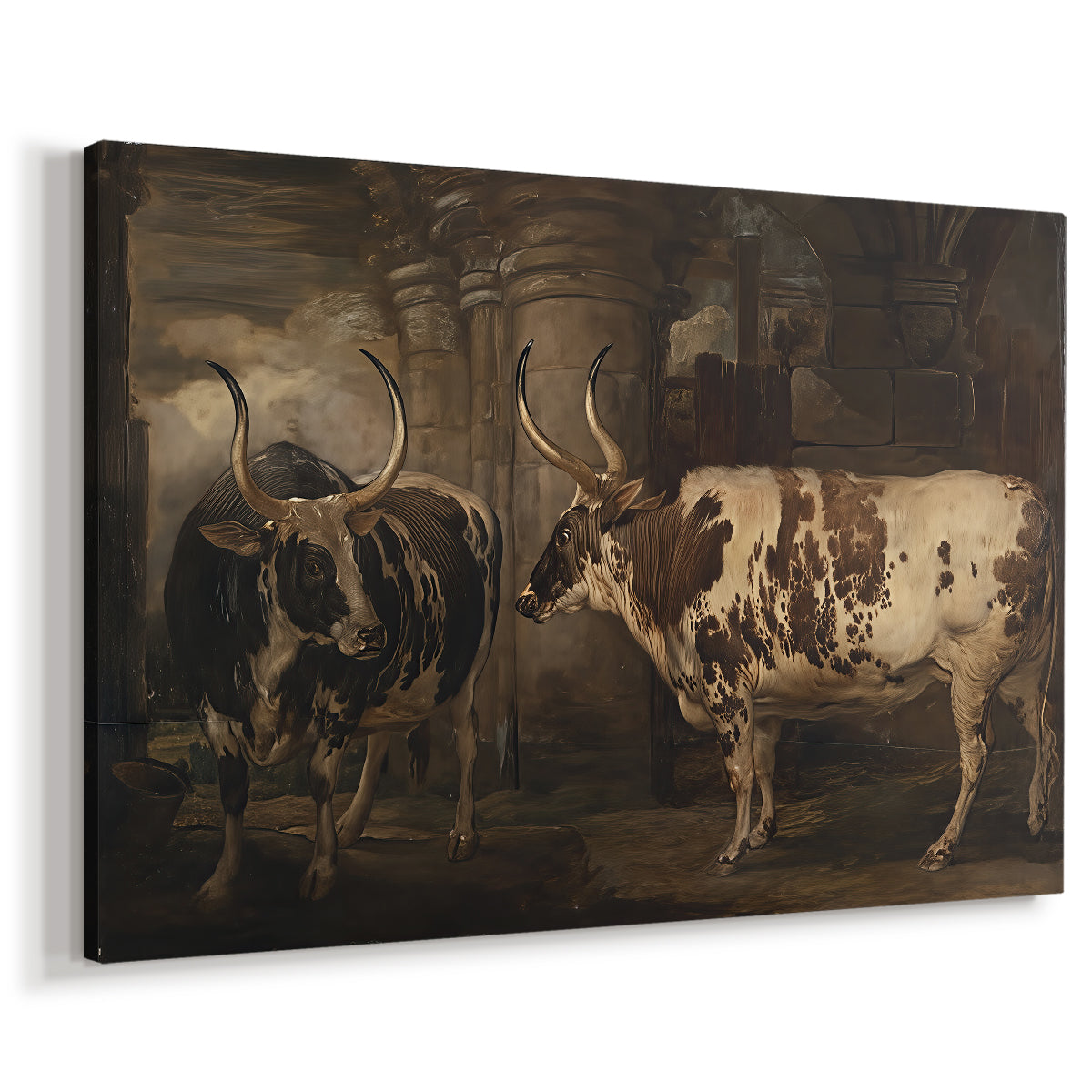 Canvas art print featuring a detailed livestock portrait featuring paired oxen outdoors, displayed at an angle