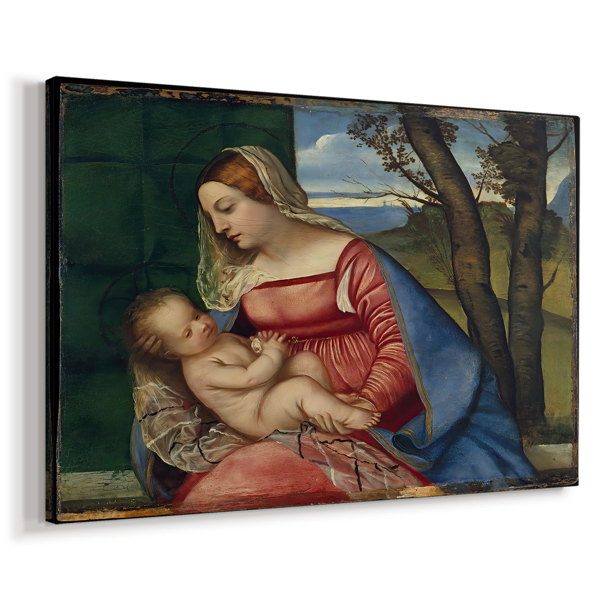Canvas art print featuring an intimate religious portrait of mother and infant, displayed at an angle