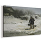 Canvas art print featuring a rural winter scene with people braving snowy conditions, displayed at an angle
