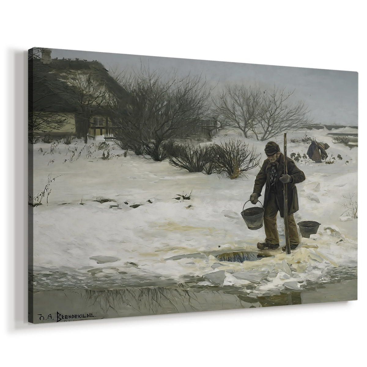 Canvas art print featuring a rural winter scene with people braving snowy conditions, displayed at an angle