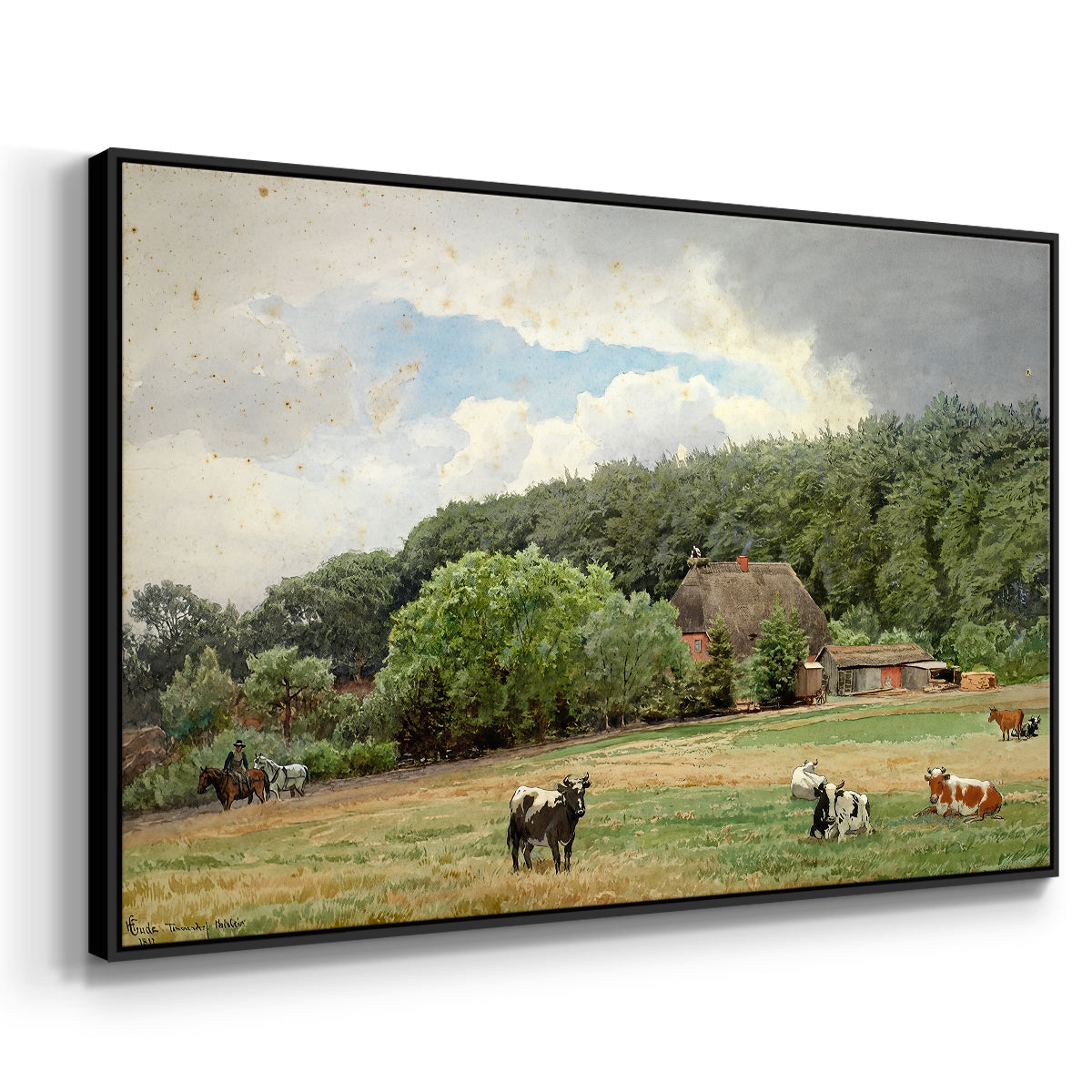 Farm with Grazing Cows (Bondegård med beitende kuer), 1892 - Floater Framed Canvas Print